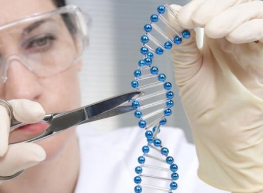 Laborant zet schaar in DNA model